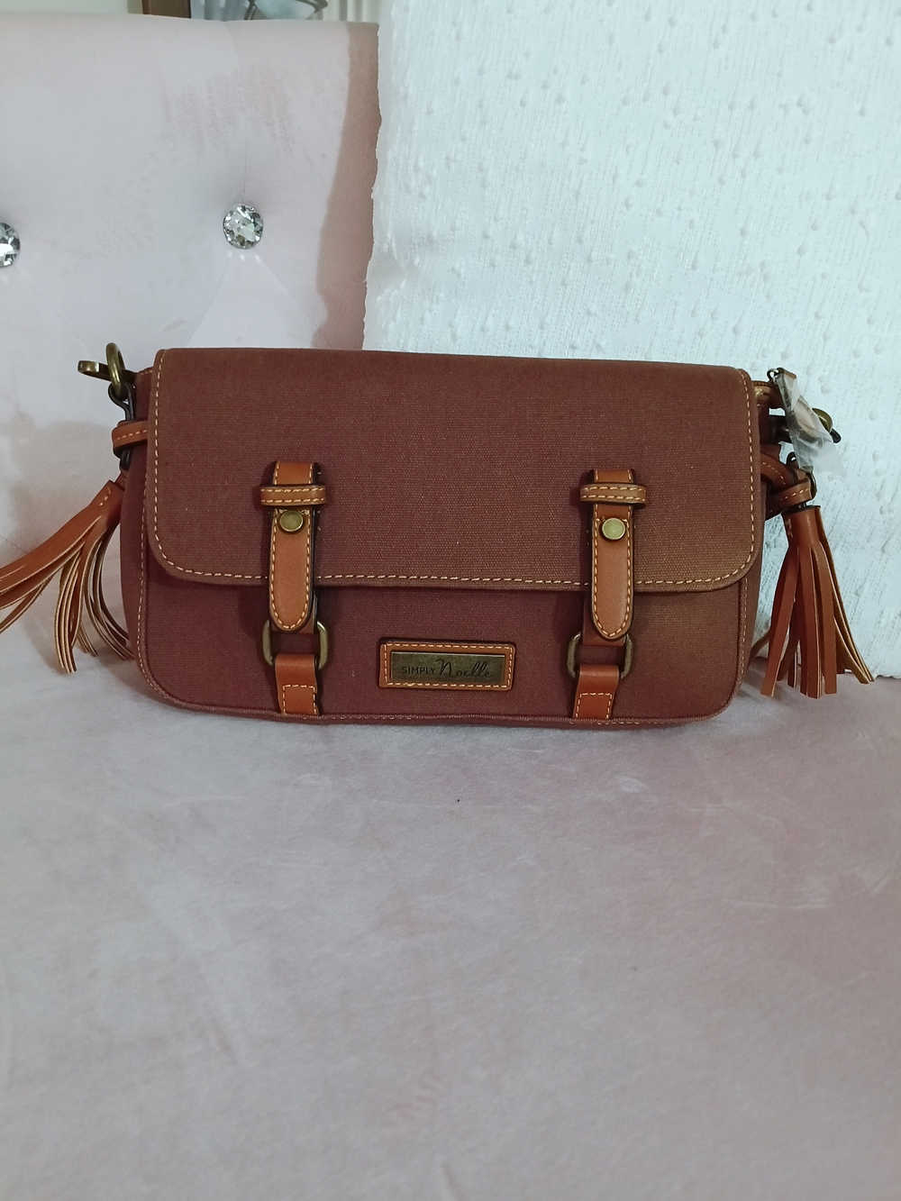 Simply Noelle Dusty Rose Crossbody Satchel with Tan Trim and Tassels